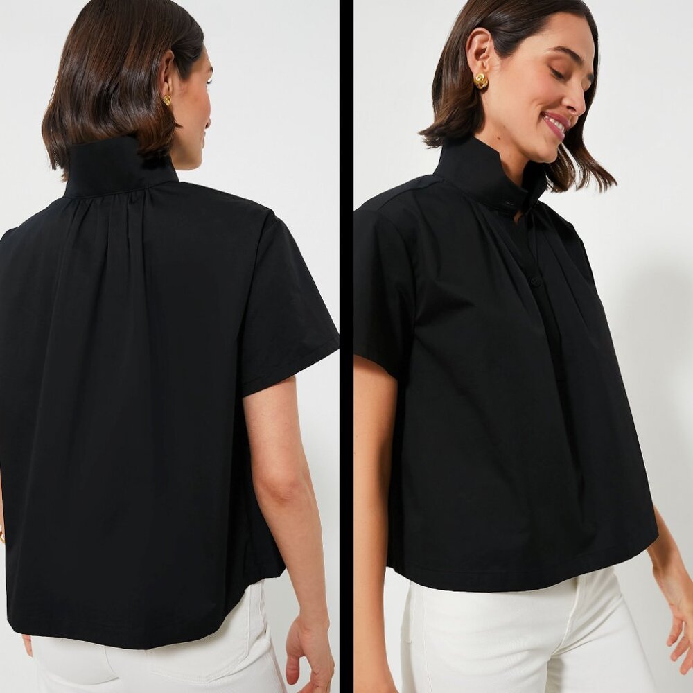 Pomander Place NEW Black Finn Short Sleeve Collared Button Down Popover Top M - Picture 2 of 9